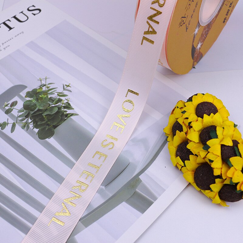 25mm 5Yards Ribbon Bronzing English Letters Printed Ribbons Floral Happy Birthday Packaging DIY Tie Handmade Material: 14