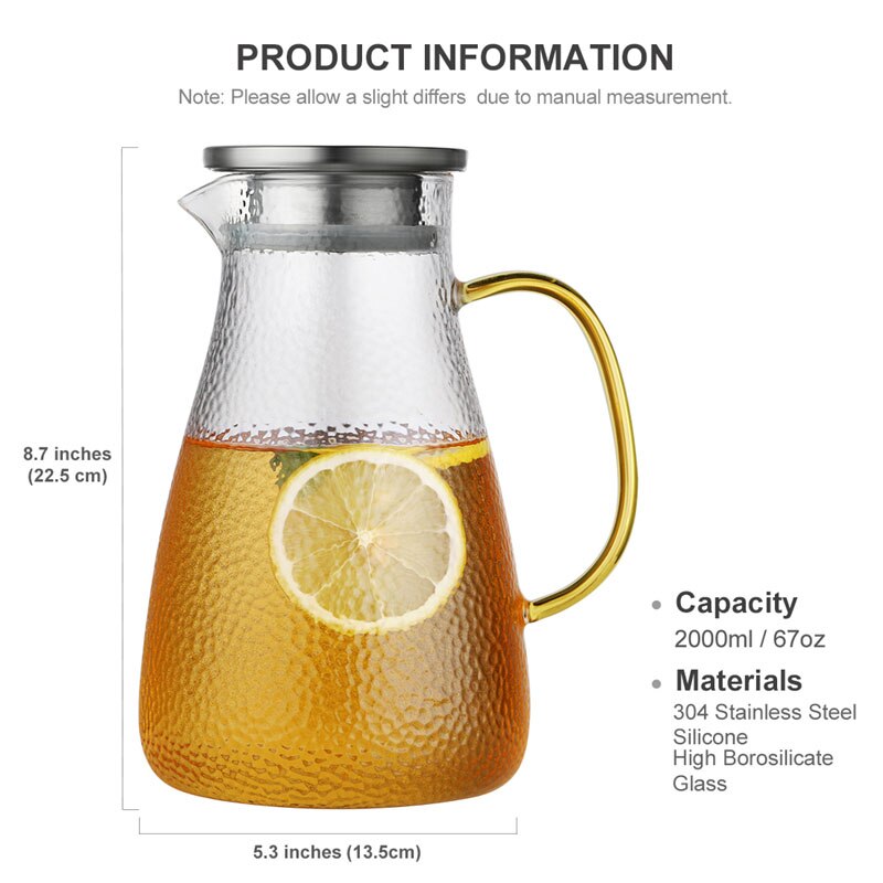 Glasvandkande glaskande vandkaraffel med håndtag koldtvandskande god kande til hjemmelavet frugtjuice iste: 2000ml