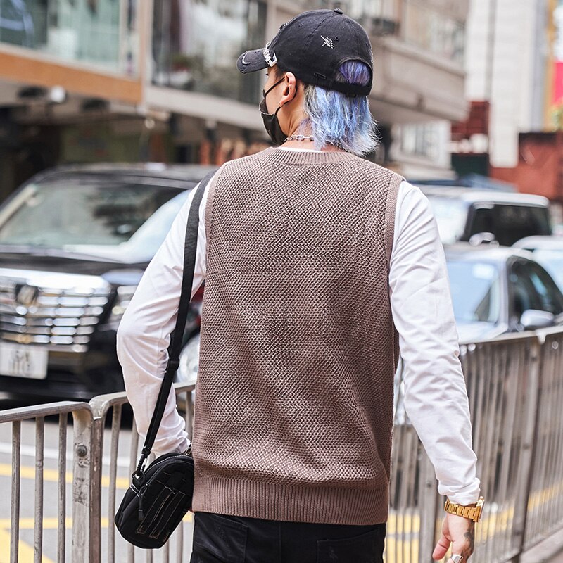 Singleroad oversized herre strikket genser vest herre vester harajuku hip hop gensere koreansk khaki ermeløs genser herre