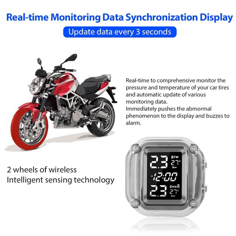 Waterproof Smart Charging Motorcycle TPMS Motor Tire Pressure Tyre Temperature Monitoring Alarm System with 2 External Sensors