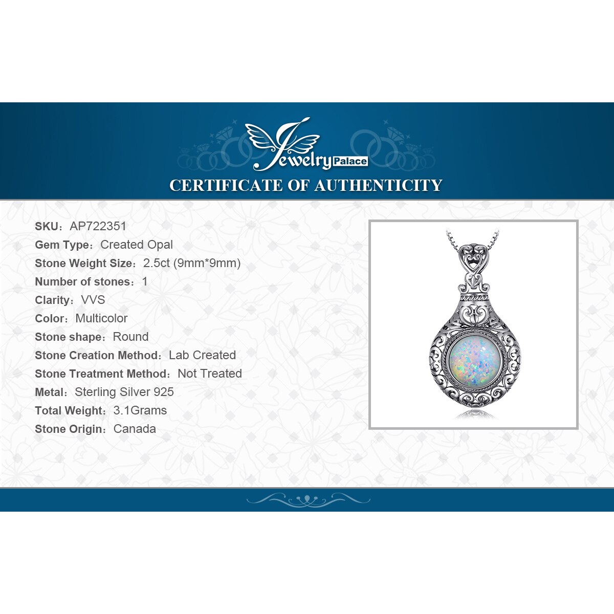 JewelryPalace Cabochon rotondo Vintage da 2,5 ct creato opale intagliato collana con ciondolo a cuore gioielli in argento Sterling 925 senza catena