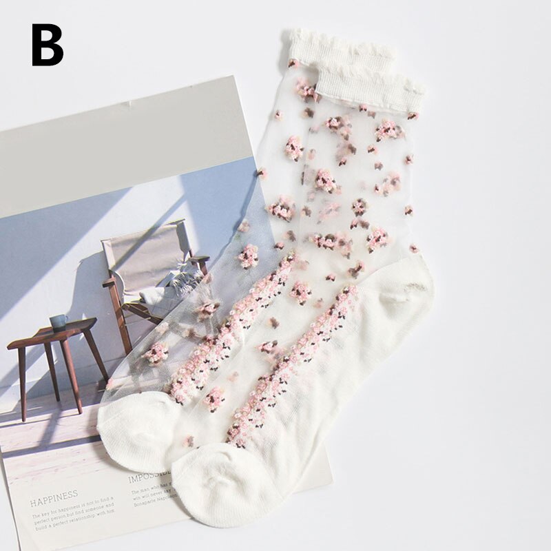 Chaussettes courtes élastiques à fleurs de Rose pour filles, chaussettes d'été respirantes Ultra fines en dentelle transparente, chaussettes en cristal pour femmes: 02