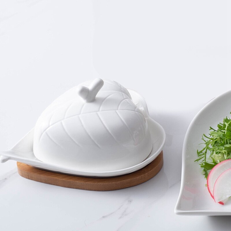 Leaf Butter Dish with Lid Ceramic Butter Keeper with Cover Large Porcelain Butter Container Kitchen Margarine Holder