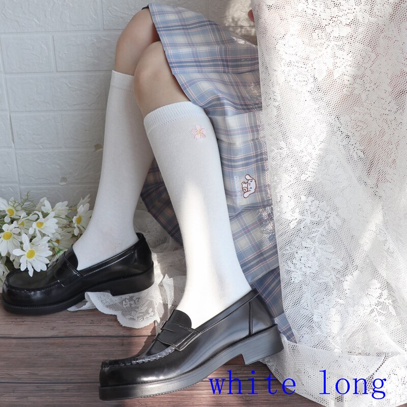 Embroidered Black White Lolita Women's Stocking Short Japanese JK Student Cotton Cherry Blossom Cute Harajuku Girl Cosplay Socks: lw1984-white long