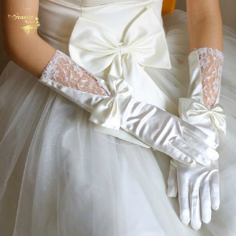 Lange Wit Rood Satijn Boog Kant Bruids Handschoenen Bruiloft Handschoenen Bruiloft Accessoires G002