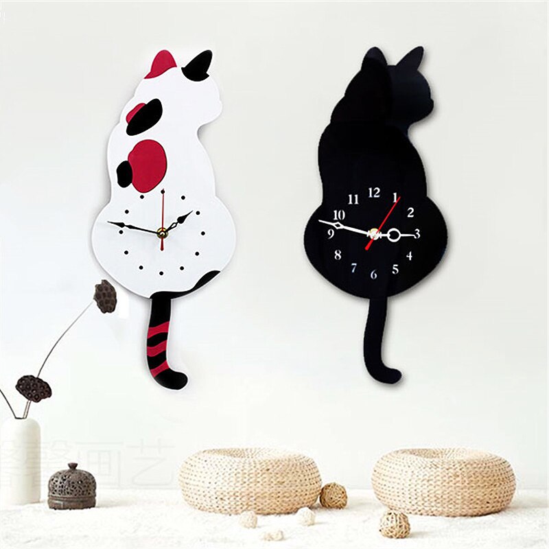 3D Cute Cat Wall Clock Wag Tail Silence Home Decoration Kids Black