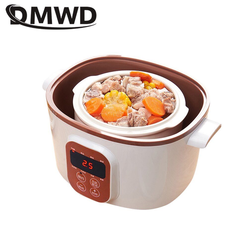 DMWD Household Electric Slow Cooker Stew Pot Food Steamer Pot Breakfast Maker Porridge Soup Cooking Machine 9.5h Appointment