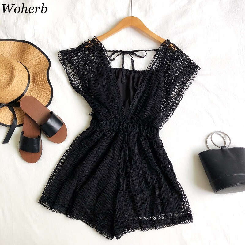 Woherb dam sommar playsuits ihåliga v-ringade spets jumpsuits med breda ben med hög midja kort jumpsuit strand lösa byxor