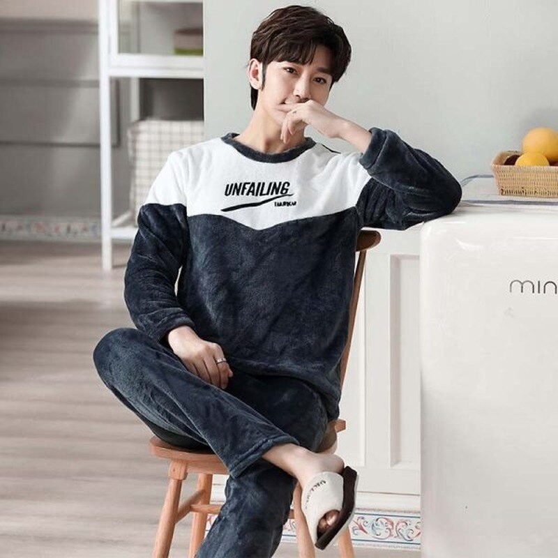 Winter Men Long Sleeve Flannel Pajamas Set Round Neck Letter Pattern Thick Coral Velvet Sleep Wear Male Warm Pyjamas Set