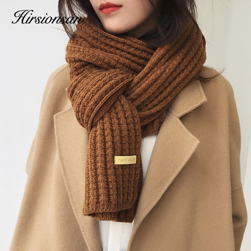 Hirsionsan strikket tørklæde kvinder vinter korean solid student tørklæder brun khaki bløde varme piger tørklæder til damer