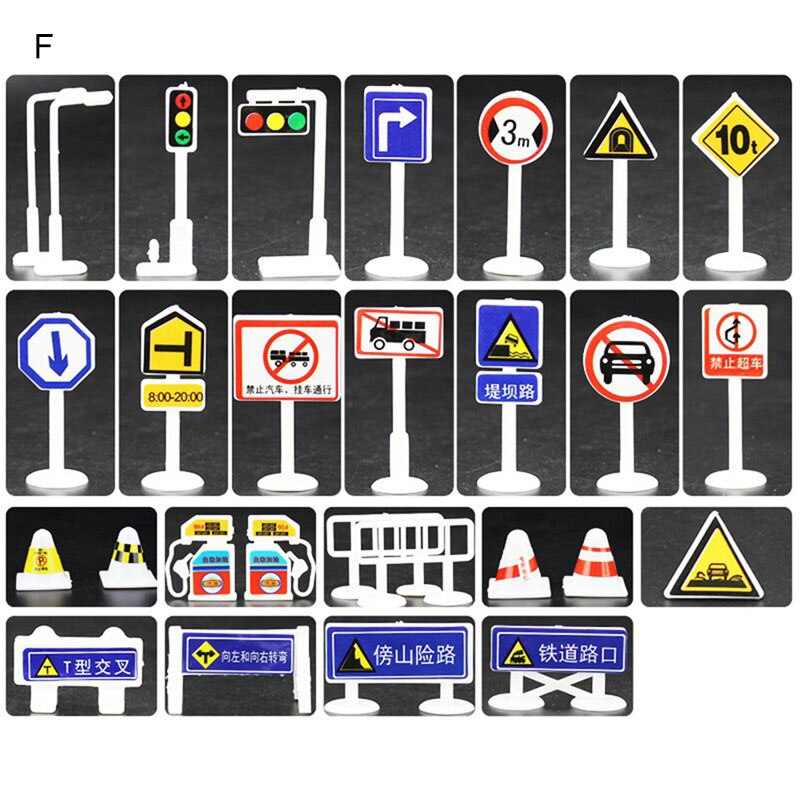 28Pcs Leuke Kinderen Vroege Educatief Speelgoed Stad Road Gebouwen Parking Kaart Verkeer Verkeersborden Stad Kaart Accessoires A-G: traffic signs-F