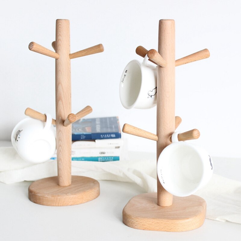 Træform træ kaffe te kop opbevaringsholder stativ køkken køkken krus hængende display rack drinkware hylde med 6 kroge: Rund base