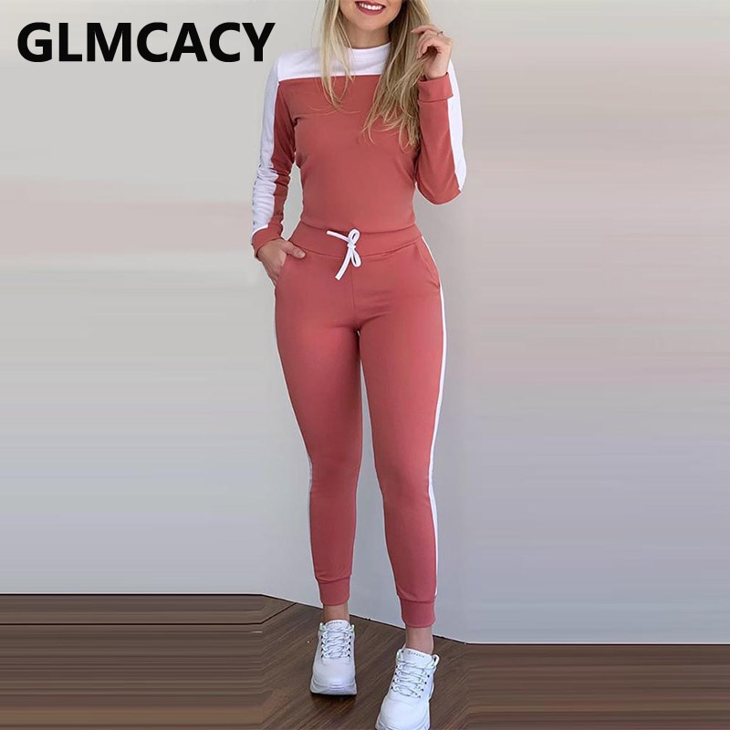 Colorblock Long Sleeve Top & Drawstring Pants Set 2 Piece Sets Womens Comfort Lounge Outfits
