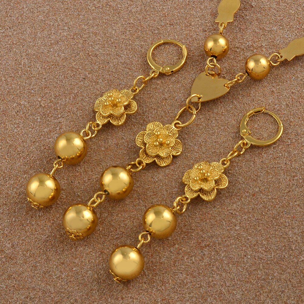 Anniyo 63cm flor y collares de cuentas y pendientes de bola redonda para las mujeres Marshall islas Color oro joyería de #121806S