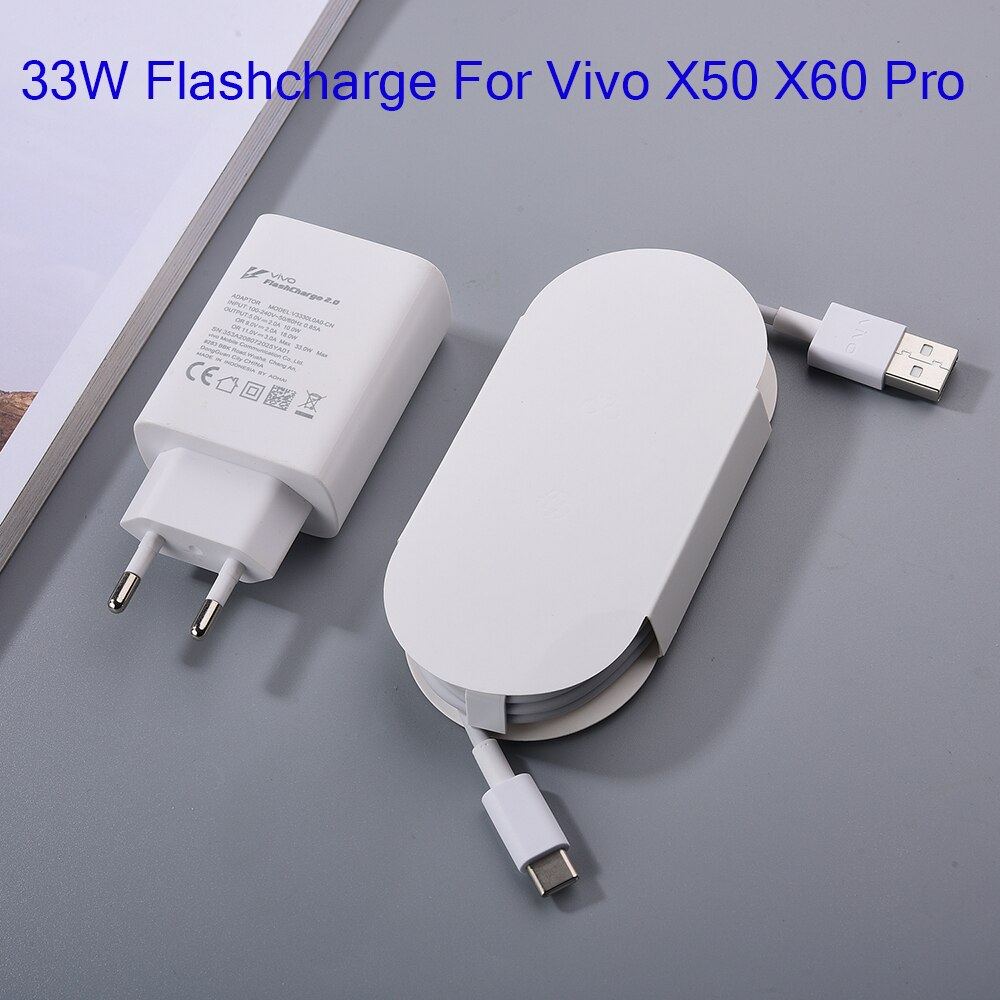 33W Flashcharge 2.0 Fast Charger EU Power Adapter 100cm USB Type C Data Cable For Vivo X60 X50 X30 X27 Pro S9e iQOO Z1x Neo 855