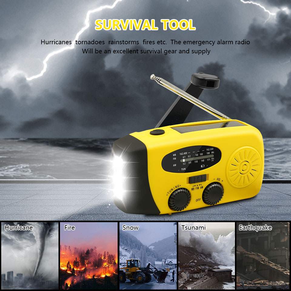Radio portátil de emergencia, manivela Solar de 2000mAh, cargador de teléfono móvil, Radio AM/FM, linterna LED, luz nocturna para interiores y exteriores