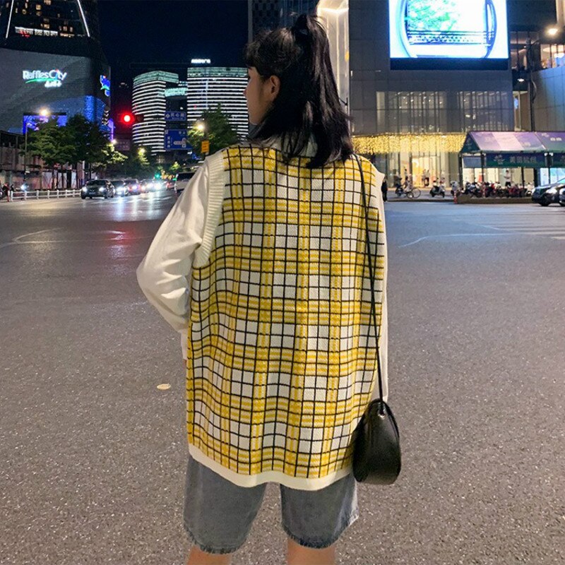 Hombres suéter chaleco otoño hombre chaleco a cuadros cuello par de Retro de coreana Ulzzang pijo Casual de gran tamaño 3XL Ins