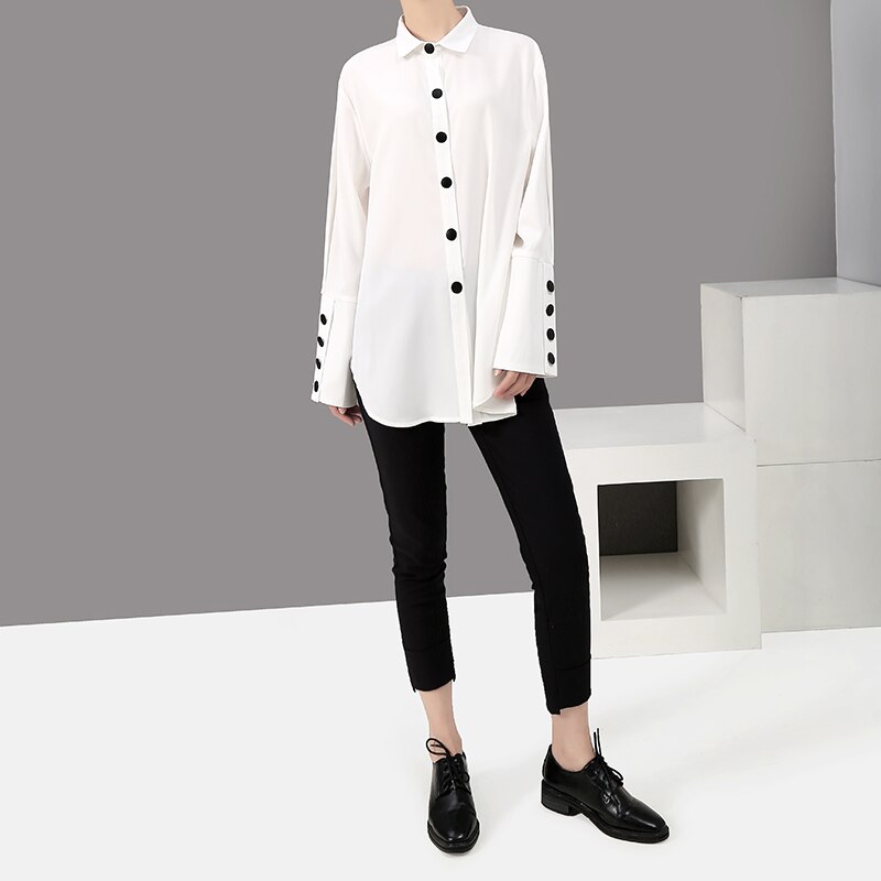Langærmet ensfarvet hvid todelt sæt bluse skjorte og vest koreanske bluser feminin skjorte chemise femme 5412