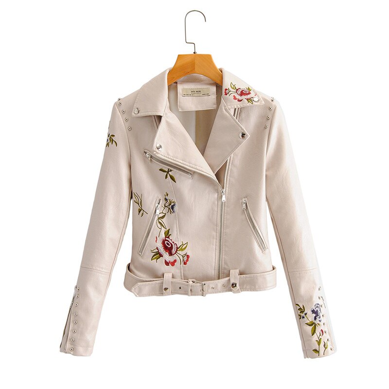 Donne giacca di pelle nera giacca di pelle ricamo floreale stampato più il formato 2020 del nuovo allentato dell'unità di elaborazione del faux giacca di pelle con cerniera: Beige / S