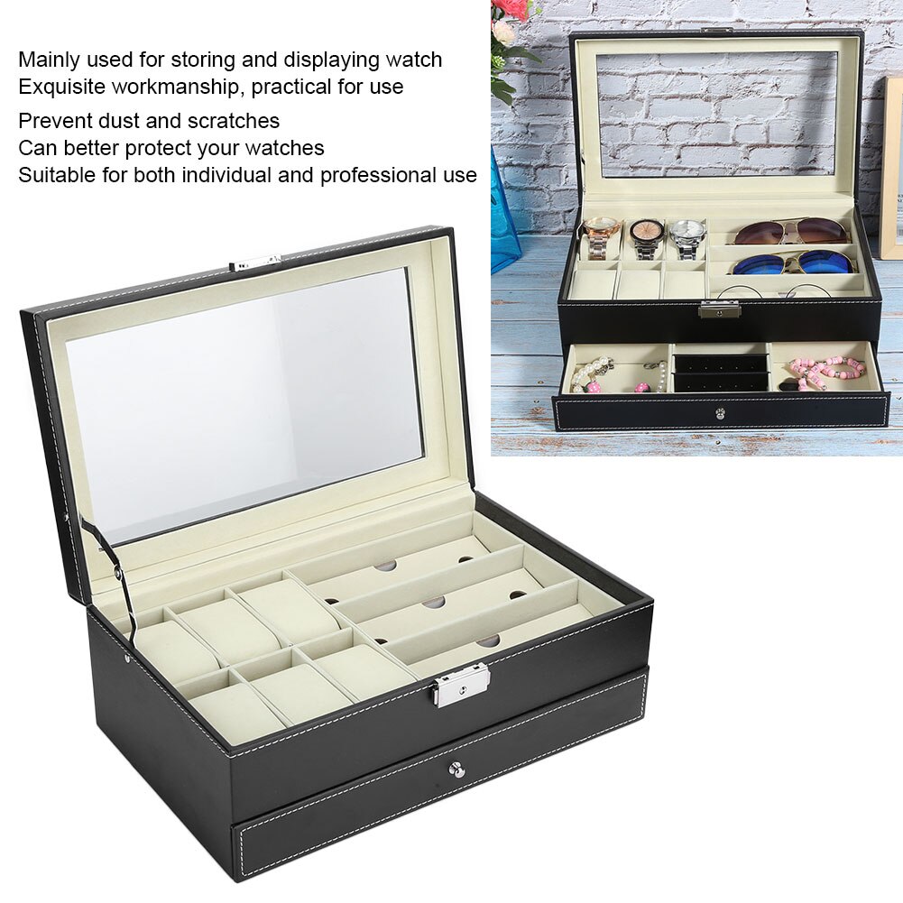 Horloge Opbergdoos Dubbele Laag Grote Capaciteit Pu Lederen Sieraden Oorbel Ring Ketting Glazen Display Case Organizer Houder
