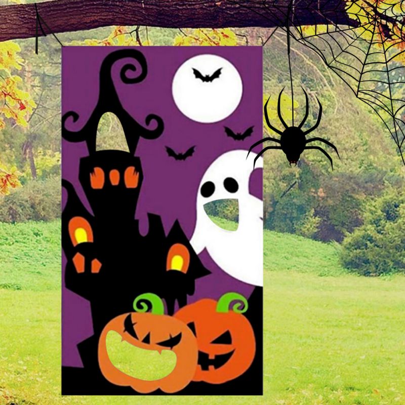 Funny Halloween Games Bean Bag Toss Games Toy Set Banner With 3 PCS Bean Bags For Halloween Outdoor Throwing Games For Party S*: C