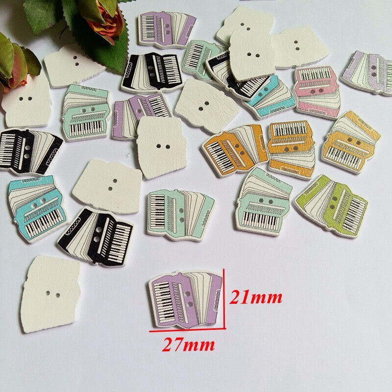 50pcs Mixed Musical Instruments 2 Holes Natural Wooden Buttons Decorative Scrapbooking Sewing Accessories For Craft