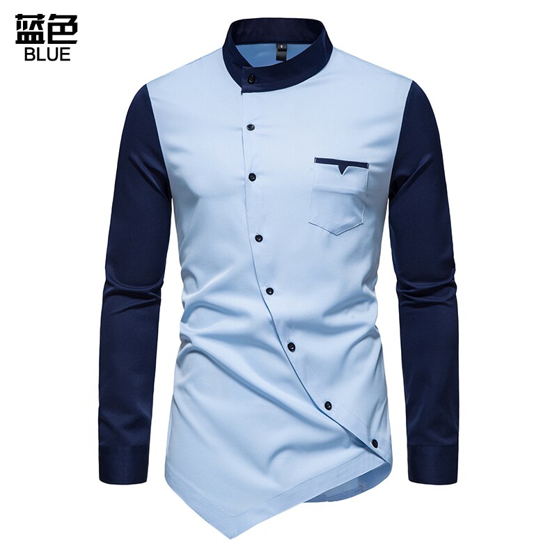 Men Shirt Long Sleeve Personality Diagonal Button Shirts for Men Luxury Irregular Henry Collar Top Grade Tops: XXL / Navy Blue