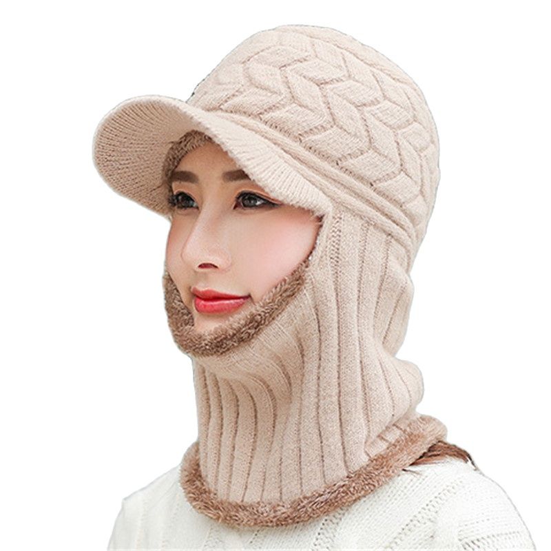 Double-Use Women Warm Knitted Hat Scarf Hooded Collar Elastic Winter All-Match Adult Teen Thick Soft Neck Warmer Female Caps
