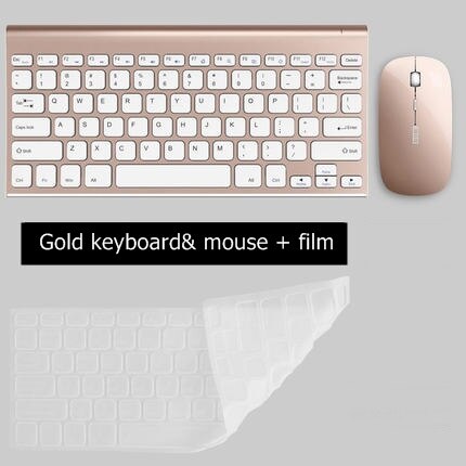 B.O.W HW086 Metal Ultra-Slim Quiet 2.4GHz Portable Wireless Keyboard and Mouse Combo For Desktop, Laptop: Gold Set plus film