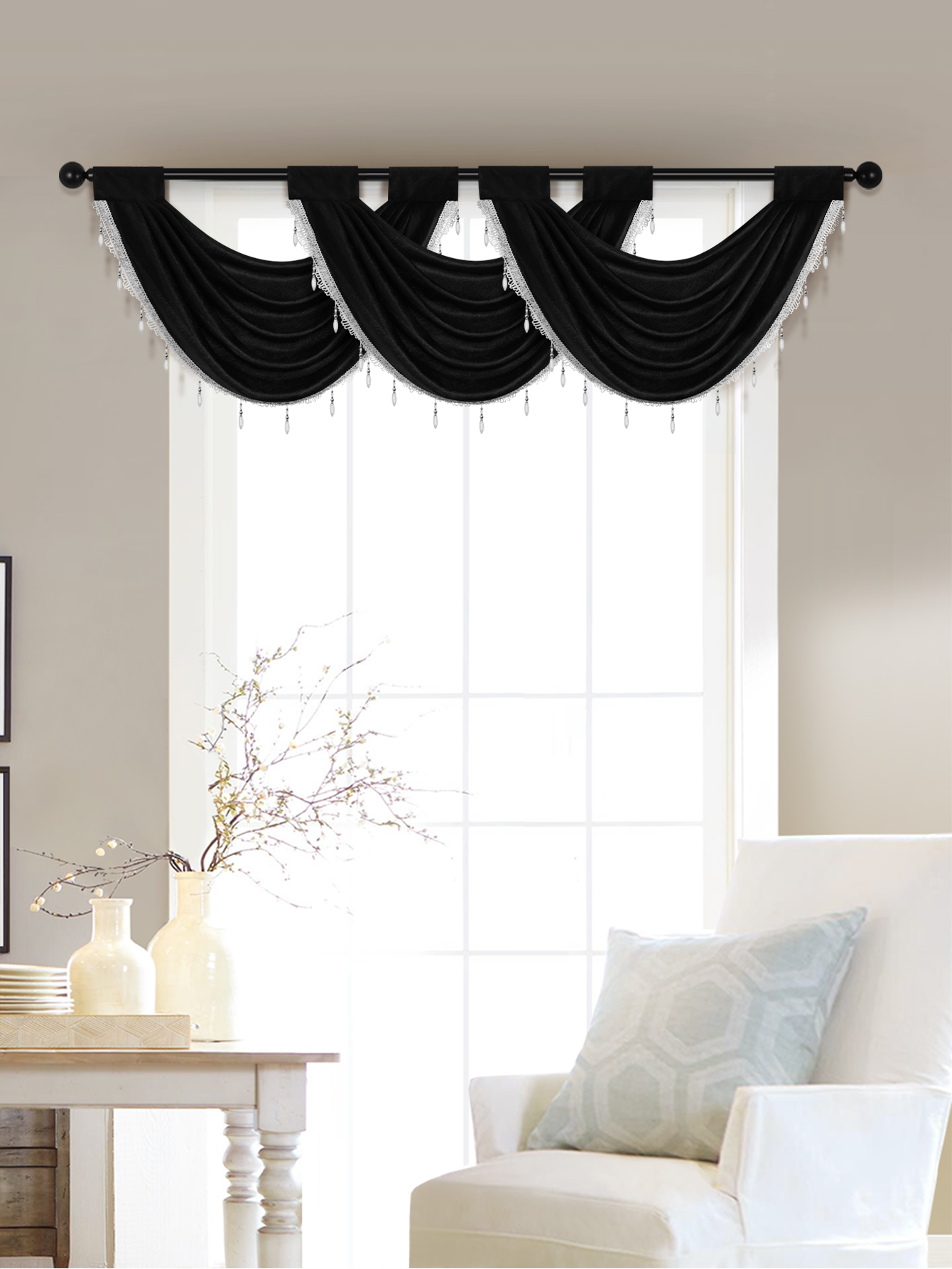 Cantonnière de rideau de fenêtre de Style européen de luxe, 1 pièce, pour salon, poche de tige, cantonnière moderne avec bord de perle de gagner, décor dow
