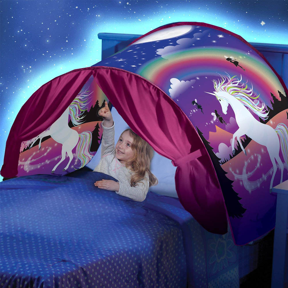 Børn drømme seng telte med opbevaringslomme sammenfoldelig børn drømme seng telt på seng myggenet telt baby værelse indretning som set på tv: Lyserød enhjørning
