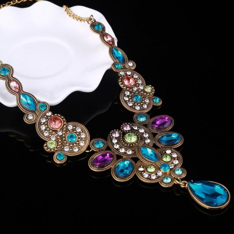 Blauw Roze Rhinestone Kettingen Hanger Boho Verklaring Ketting Goud Kleur Vintage Hanger Lady Dress Choker Ketting