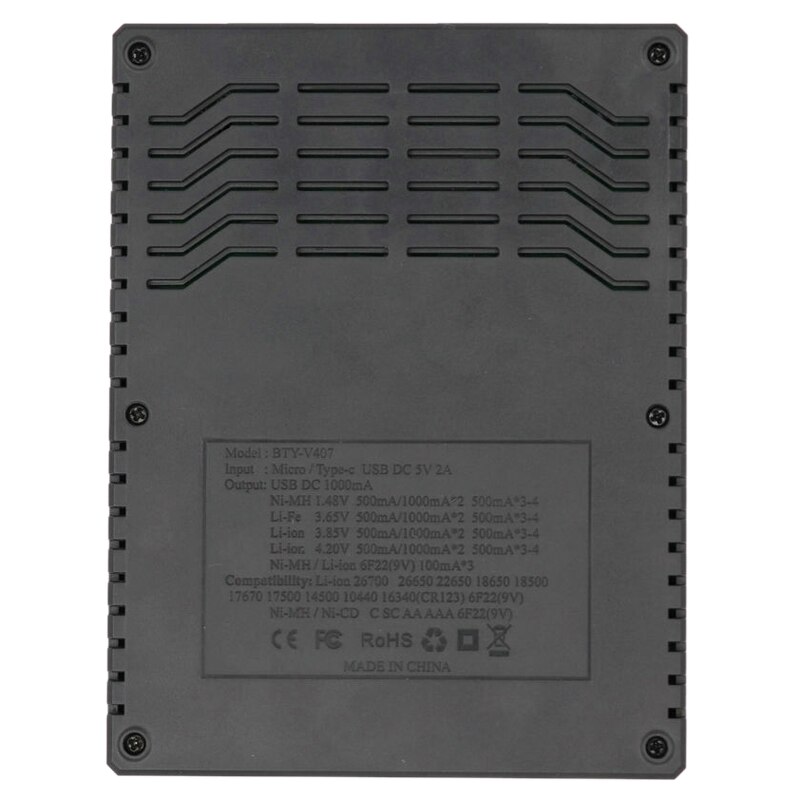 Bty -v407 batterijlader li-ion li-fe ni-mh ni-cd slimme snellader voor 18650 26650 6 f 22 9v aa aaa 16340 14500 batterijlader