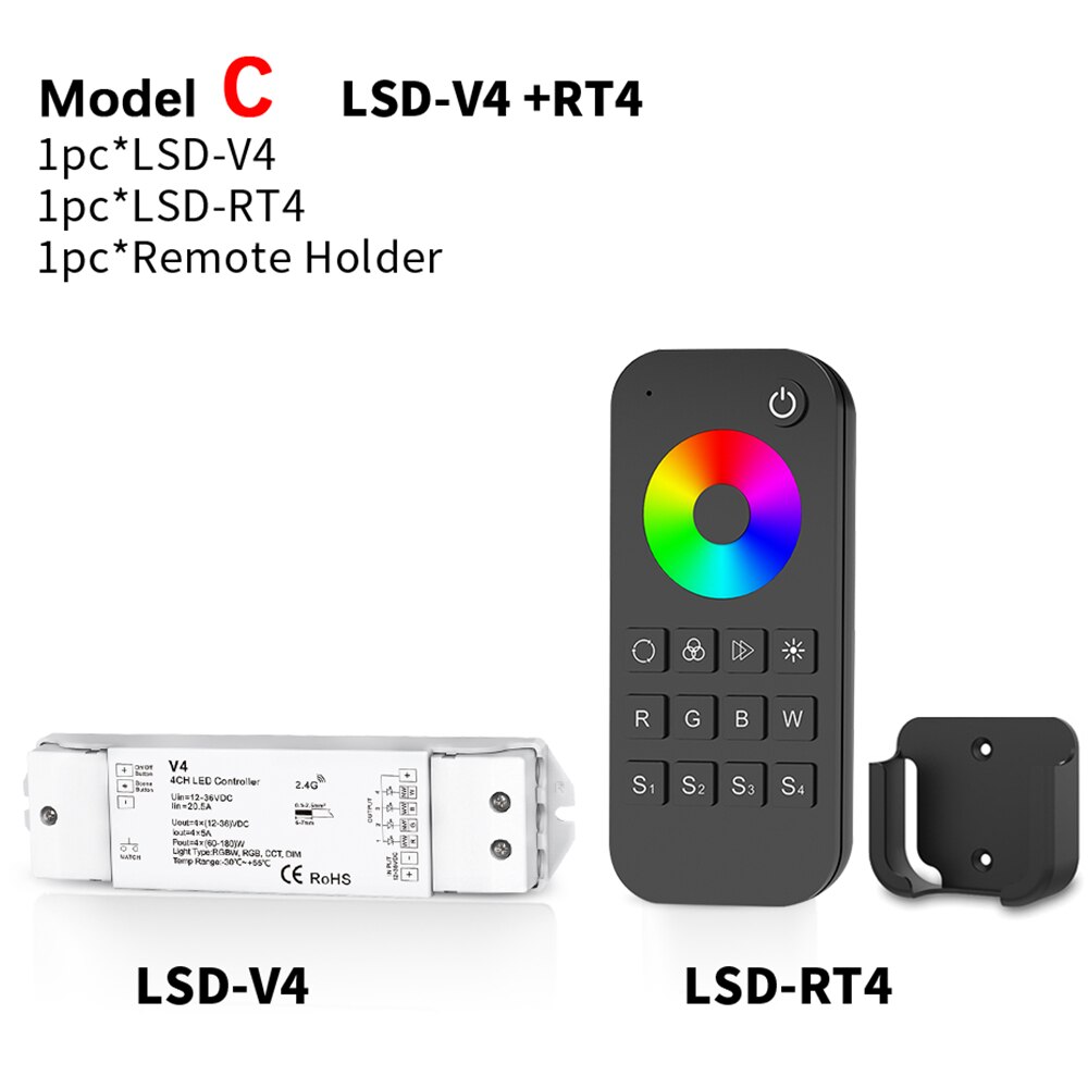 Dimmer 4 Channel LED Strips RGBW Controller V4 with Touch Screen RT4 RGBW Remote Controller RF for DC12V 24V Strips Controller: C Model