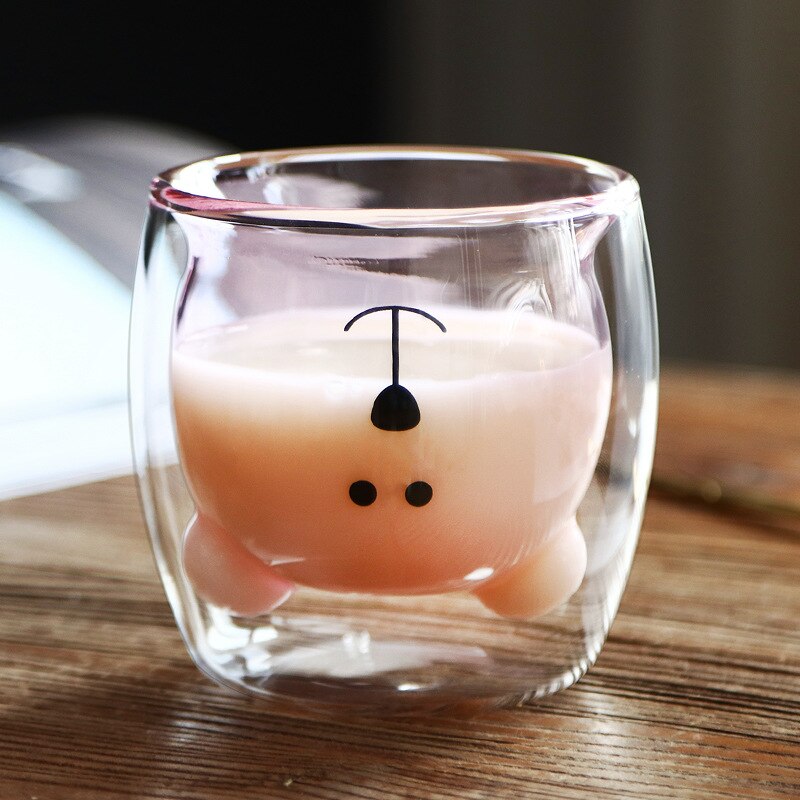 Söt björn dubbelskikt kaffemugg dubbel glas kopp kartong djur mjölk glas dam söt jul: B rosa