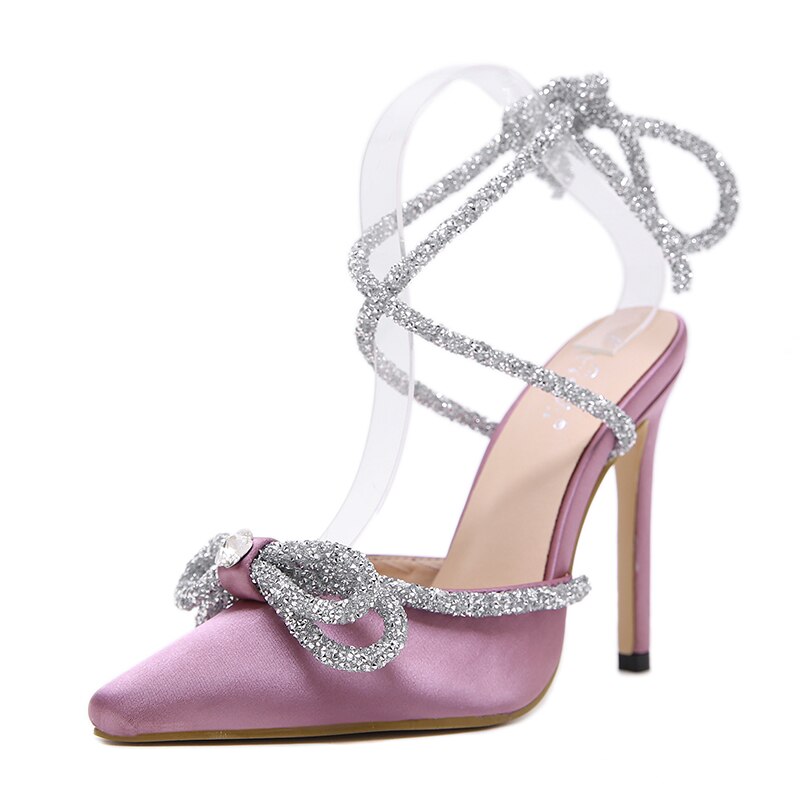 Gladiator kvinder bryllupssandaler spidstå silke dame bling sko sløjfe rhinestone ankelrem snøre festsandaler