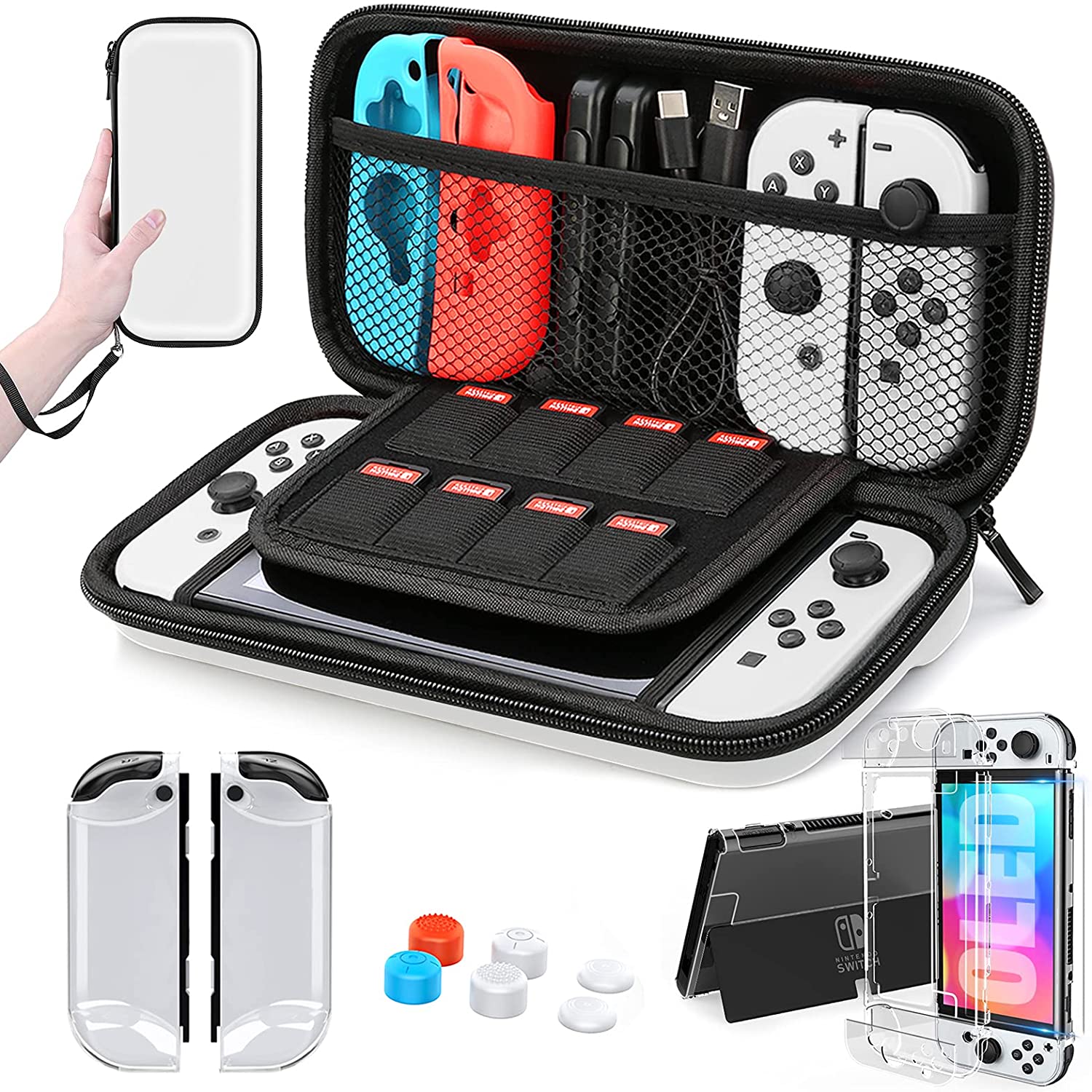 HEYSTOP Nintendo Schalter OLED Modell Tragetasche, 9 in 1 Zubehör Bausatz für Nintendo Schalter OLED Modell: B-Weiß
