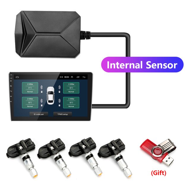 Usb tpms android dekktrykkovervåkingssystem 4 dekk eksterne / indre sensorer temperaturalarm for bilradio dvd bilspiller: Innebygd sensor