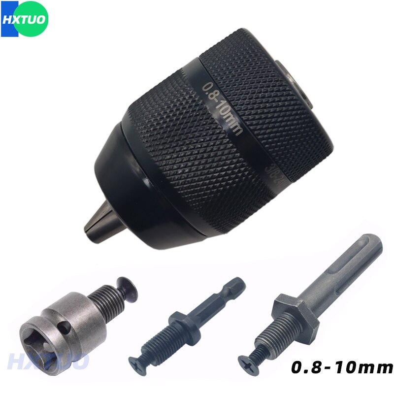 Metal Keyless 0.8-10mm 3-Jaw 3/8-24UNF Drill Chuck Quick Change Adapter SDS-Plus Shank 1/4" Hex Square Fit Hammer Drill
