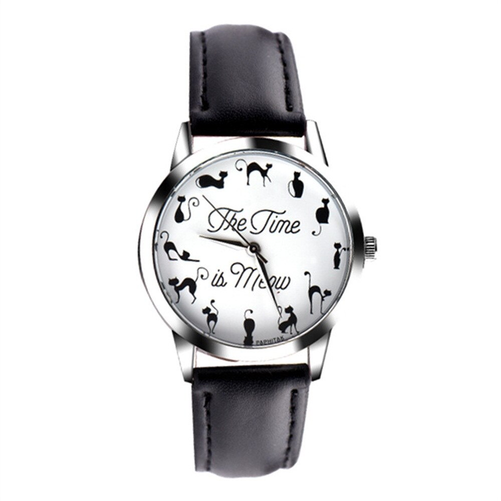 Kvinder ure kat piger ure dame ur læder armbånd ur dame dyremønster quartz håndled vandtæt: Sort