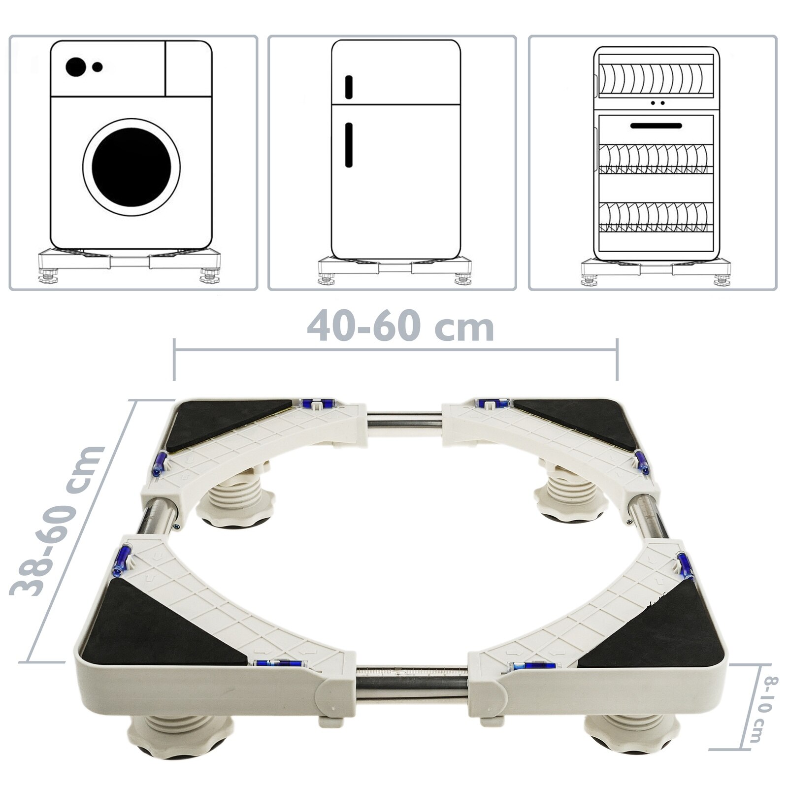 PrimeMatik - Soporte elevador antivibración para lavadora, secadora, nevera y aire acondicionado 150 Kg 40-60 cm 38-60 cm
