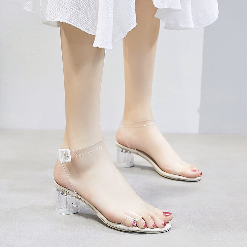 Pantoufles à talon Transparent pour femmes, 5CM, pantoufles à la , chaussures à bout ouvert, été: White / 4