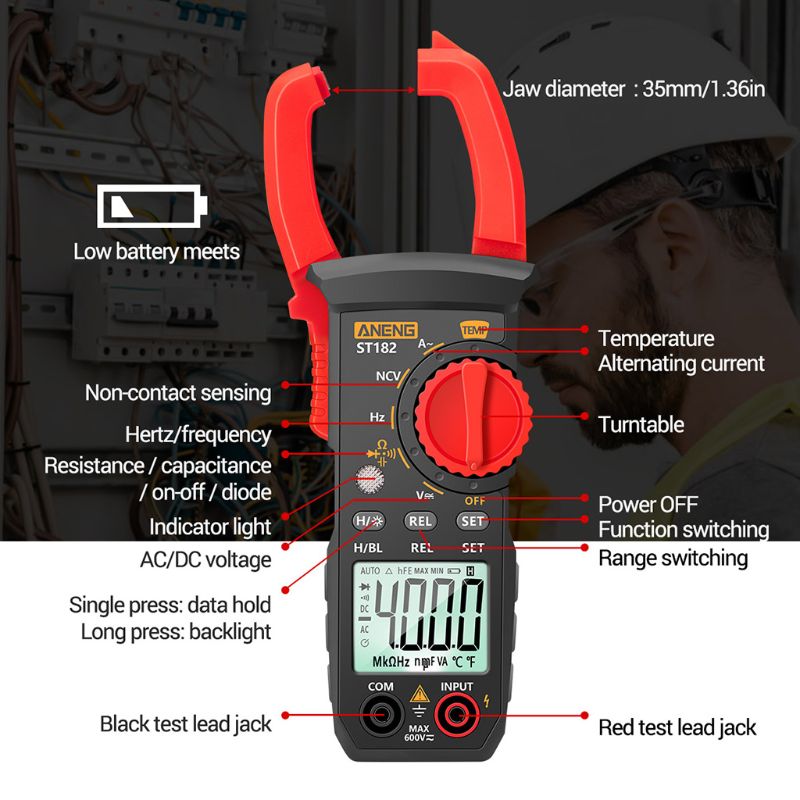 ST182 Digital Clamp Meter Ammeter AC Current Multimeter DC/AC Voltage Tester Amp Hz Capacitance NCV Ohm Temperature Test