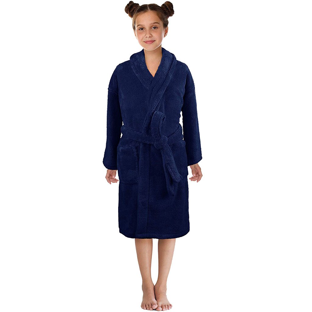 Thick Solid Flannel Robes Toddler Boys Girls Solid Flannel Bathrobes Towel Night-gown Pajamas Sleepwear Халат Махровый Женский: Navy Blue / 9-12 Years