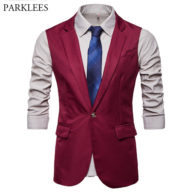 Brand Wine Red Longline Suit Vest Men Autumn Slim Fit Turn Down Collar Vest Waistcoat Mens Wedding Party Business Vests