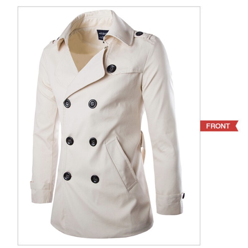 Herr trenchcoat herr mellanlång kappa smal casual coat herr solid justerbar midja manlig trench street wear stil vindrock: Beige / Xxl