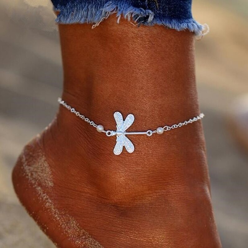 Barefoot Sandalen Enkelband Strand Dame Dragonfly Crystal Enkelbanden Voet Sieraden Op De Been Strand Vintage Enkelbanden: Default Title