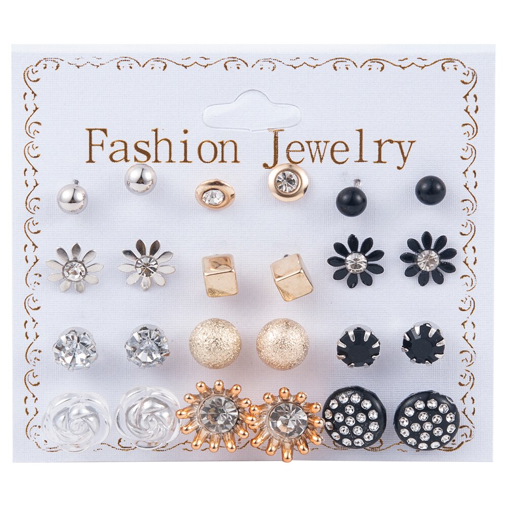 12~36 Pairs Women Girls Resin Plastic Crystal Diamante Flower Stud Earrings Set Random Style Gold Color Jewelry: Antique Bronze Plated