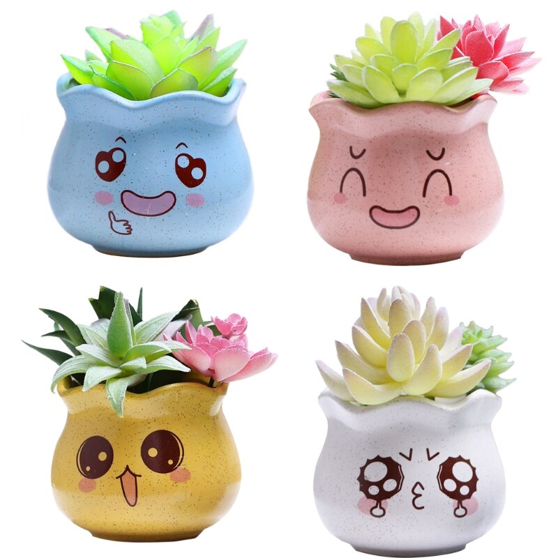 4 Pcs Cute Expression Ceramic Flower Pot Minimalist Succulent Vase for Indoor Plants Water Absorption Flowerpot Plants: 4 PCS