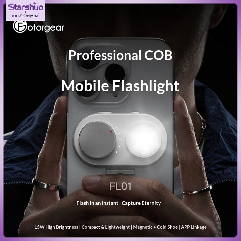 Flash portátil fotogear para fotografia móvel, uso externo, disparo sem fio via bluetooth, 15w níveis de brilho.